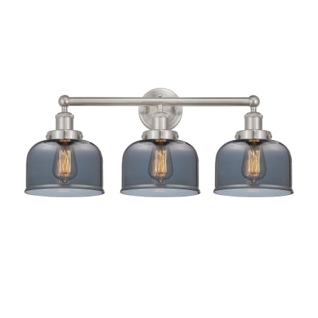 A large image of the Innovations Lighting 616-3W-10-25-L Bell Vanity Brushed Satin Nickel / Plated Smoke