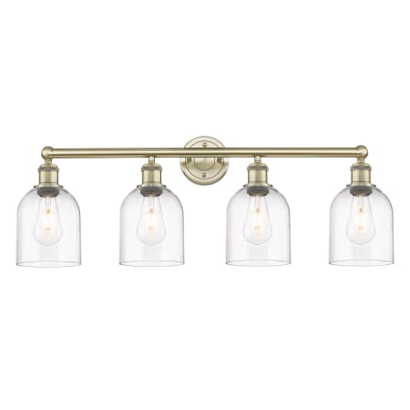 A large image of the Innovations Lighting 616-4W-12-33 Bella Vanity Antique Brass / Clear