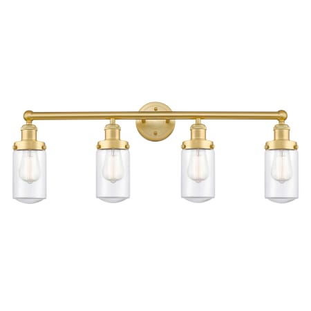 A large image of the Innovations Lighting 616-4W-10-34 Dover Vanity Satin Gold / Clear