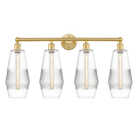 A large image of the Innovations Lighting 616-4W-19-34 Windham Vanity Satin Gold / Clear