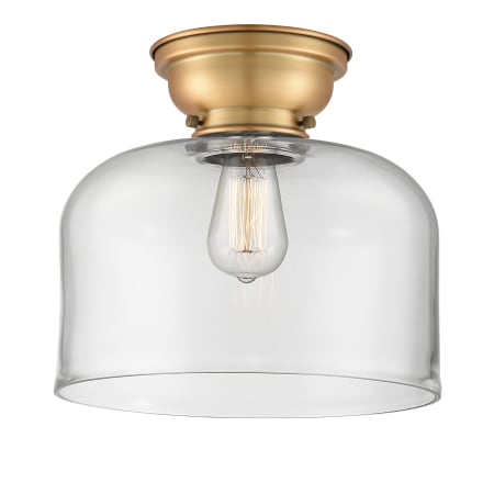 A large image of the Innovations Lighting 623-1F-9-12-L Bell Semi-Flush Brushed Brass / Clear