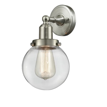 A large image of the Innovations Lighting 900H-1W Globe Brushed Satin Nickel / Clear