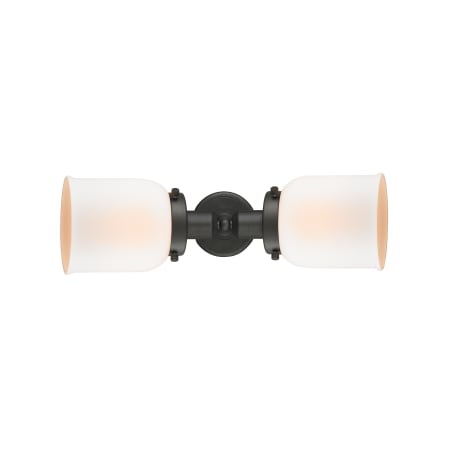 A large image of the Innovations Lighting 900H-2W Small Bell Oil Rubbed Bronze / Matte White Cased