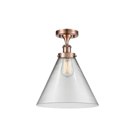 A large image of the Innovations Lighting 916-1C-13-12-L Cone Semi-Flush Antique Copper / Clear