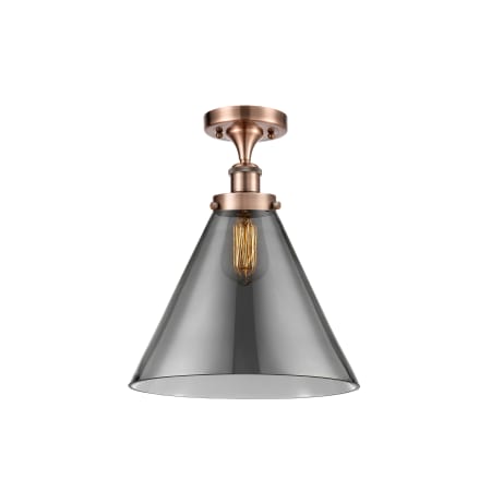 A large image of the Innovations Lighting 916-1C-13-12-L Cone Semi-Flush Antique Copper / Plated Smoke