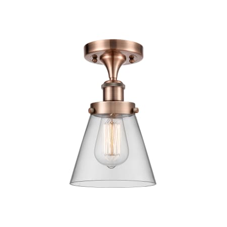 A large image of the Innovations Lighting 916-1C-11-6 Cone Semi-Flush Antique Copper / Clear