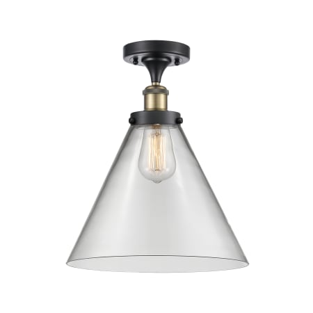 A large image of the Innovations Lighting 916-1C-13-12-L Cone Semi-Flush Black Antique Brass / Clear