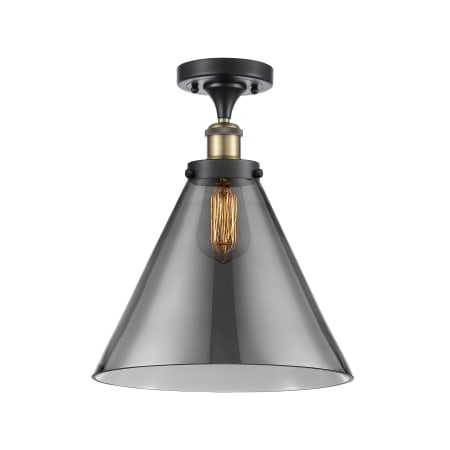 A large image of the Innovations Lighting 916-1C-13-12-L Cone Semi-Flush Black Antique Brass / Plated Smoke