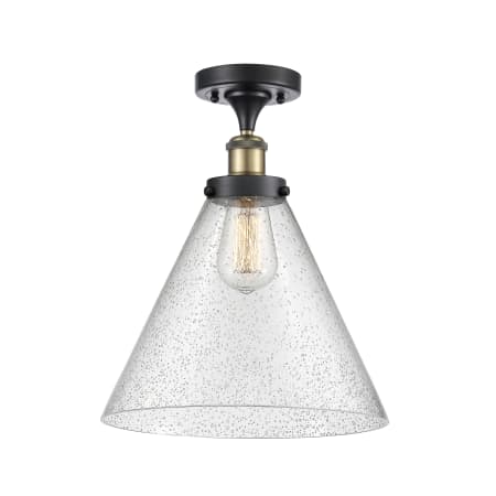 A large image of the Innovations Lighting 916-1C-13-12-L Cone Semi-Flush Black Antique Brass / Seedy