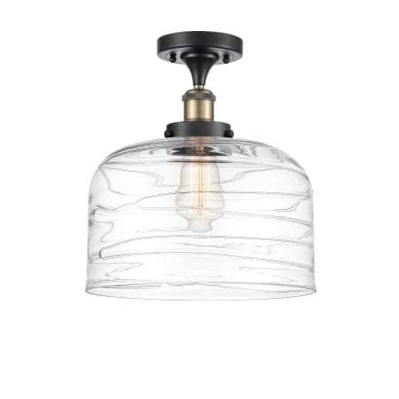 A large image of the Innovations Lighting 916-1C-13-12-L Bell Semi-Flush Black Antique Brass / Clear Deco Swirl