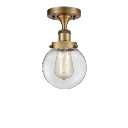 A large image of the Innovations Lighting 916-1C-11-6 Beacon Semi-Flush Brushed Brass / Clear