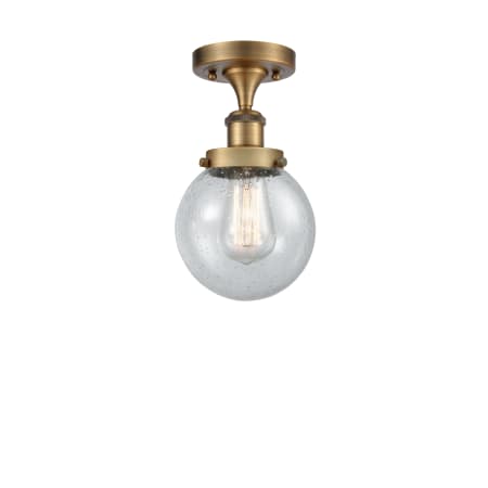 A large image of the Innovations Lighting 916-1C-11-6 Beacon Semi-Flush Brushed Brass / Seedy