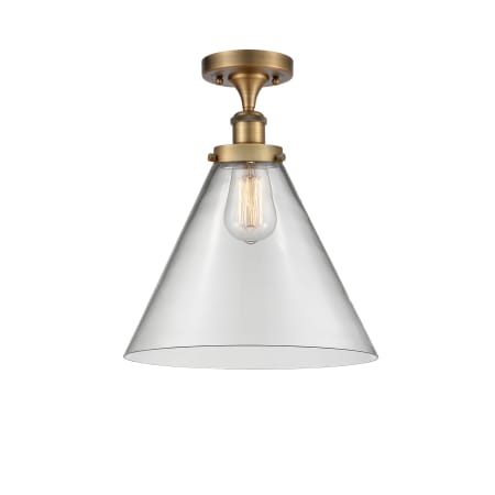 A large image of the Innovations Lighting 916-1C-13-12-L Cone Semi-Flush Brushed Brass / Clear
