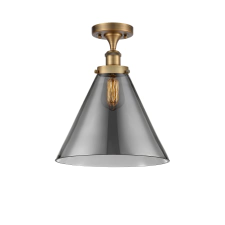 A large image of the Innovations Lighting 916-1C-13-12-L Cone Semi-Flush Brushed Brass / Plated Smoke