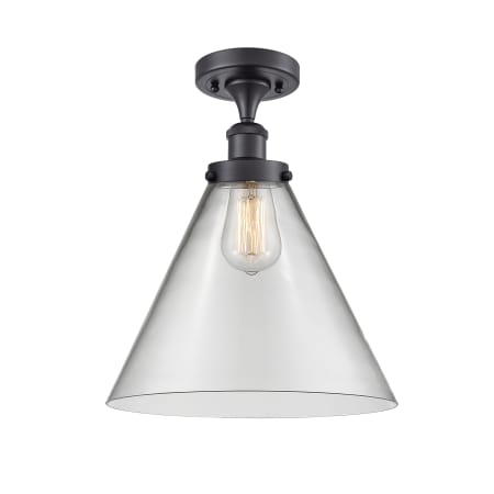 A large image of the Innovations Lighting 916-1C-13-12-L Cone Semi-Flush Matte Black / Clear