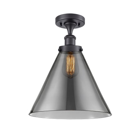 A large image of the Innovations Lighting 916-1C-13-12-L Cone Semi-Flush Matte Black / Plated Smoke