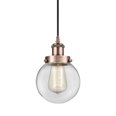 A large image of the Innovations Lighting 916-1P-9-6 Beacon Pendant Antique Copper / Clear