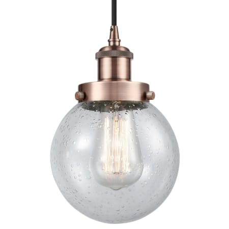 A large image of the Innovations Lighting 916-1P-9-6 Beacon Pendant Antique Copper / Seedy