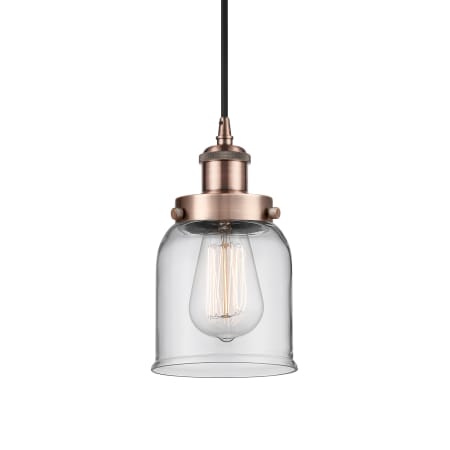 A large image of the Innovations Lighting 916-1P-10-5 Bell Pendant Antique Copper / Clear