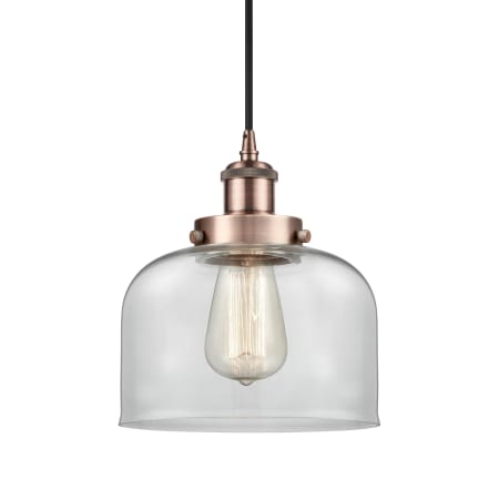 A large image of the Innovations Lighting 916-1P-10-8 Bell Pendant Antique Copper / Clear