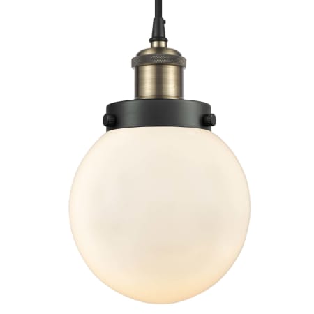 A large image of the Innovations Lighting 916-1P-9-6 Beacon Pendant Black Antique Brass / Matte White