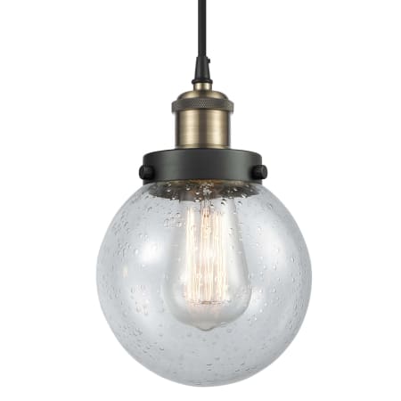 A large image of the Innovations Lighting 916-1P-9-6 Beacon Pendant Black Antique Brass / Seedy