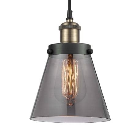 A large image of the Innovations Lighting 916-1P-9-6 Cone Pendant Black Antique Brass / Plated Smoke