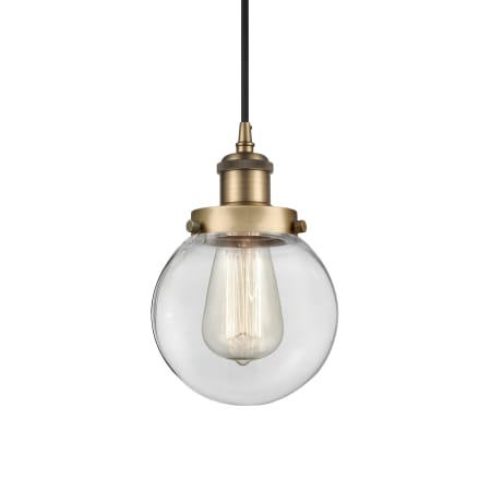 A large image of the Innovations Lighting 916-1P-9-6 Beacon Pendant Brushed Brass / Clear