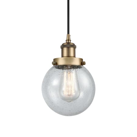 A large image of the Innovations Lighting 916-1P-9-6 Beacon Pendant Brushed Brass / Seedy