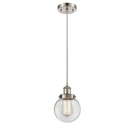 A large image of the Innovations Lighting 916-1P Beacon Brushed Satin Nickel / Clear