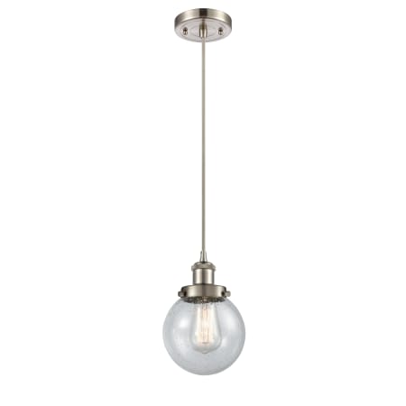 A large image of the Innovations Lighting 916-1P Beacon Brushed Satin Nickel / Seedy