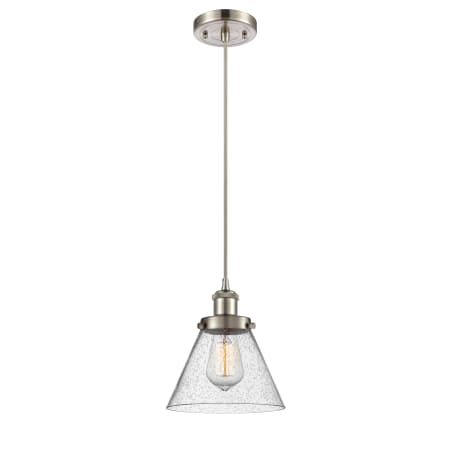 A large image of the Innovations Lighting 916-1P Large Cone Brushed Satin Nickel / Seedy