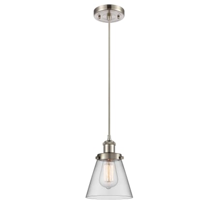 A large image of the Innovations Lighting 916-1P Small Cone Brushed Satin Nickel / Clear