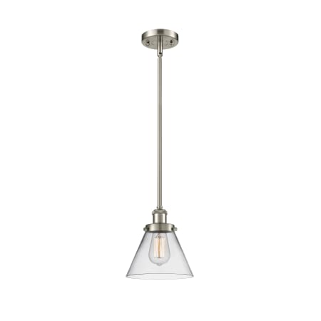 A large image of the Innovations Lighting 916-1S Large Cone Brushed Satin Nickel / Clear