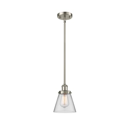 A large image of the Innovations Lighting 916-1S Small Cone Brushed Satin Nickel / Clear