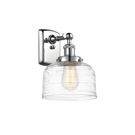 A large image of the Innovations Lighting 916-1W-13-8 Bell Sconce Polished Chrome / Clear Deco Swirl