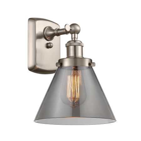 A large image of the Innovations Lighting 916-1W Large Cone Brushed Satin Nickel / Plated Smoke