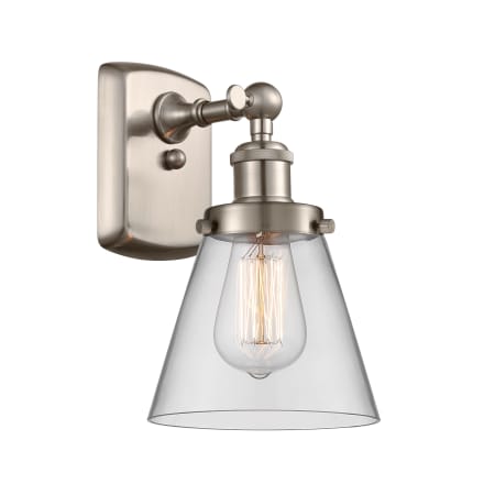 A large image of the Innovations Lighting 916-1W Small Cone Brushed Satin Nickel / Clear