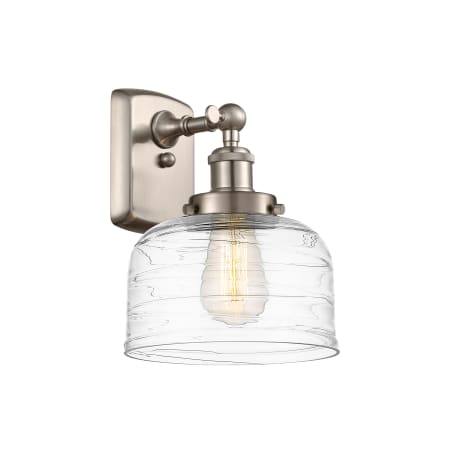 A large image of the Innovations Lighting 916-1W-13-8 Bell Sconce Brushed Satin Nickel / Clear Deco Swirl