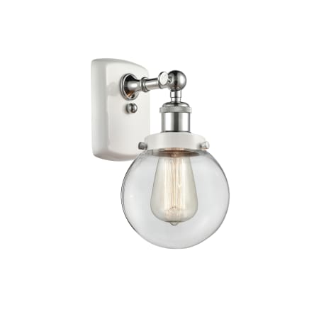 A large image of the Innovations Lighting 916-1W-11-6 Beacon Sconce White and Polished Chrome / Clear