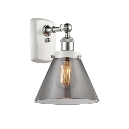 A large image of the Innovations Lighting 916-1W-13-8 Cone Sconce White and Polished Chrome / Plated Smoke