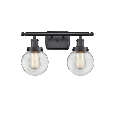 A large image of the Innovations Lighting 916-2W Beacon Matte Black / Clear