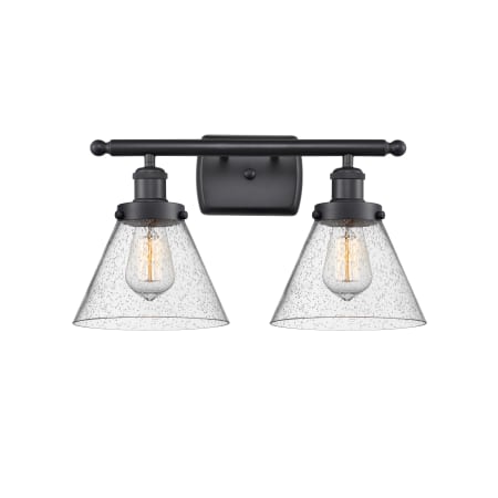 A large image of the Innovations Lighting 916-2W Large Cone Matte Black / Seedy