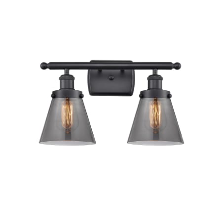 A large image of the Innovations Lighting 916-2W Small Cone Matte Black / Plated Smoke