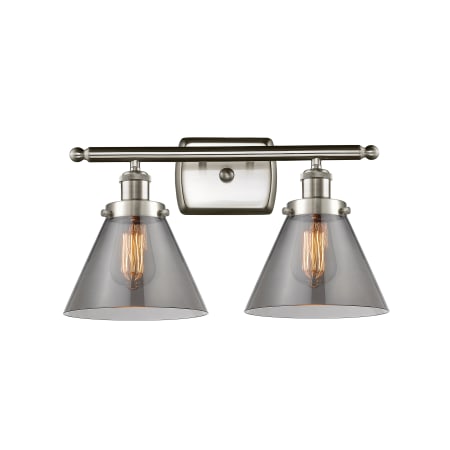 A large image of the Innovations Lighting 916-2W Large Cone Brushed Satin Nickel / Plated Smoke