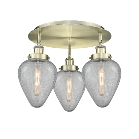 A large image of the Innovations Lighting 916-3C-10-18 Geneseo Flush Antique Brass / Clear Crackled