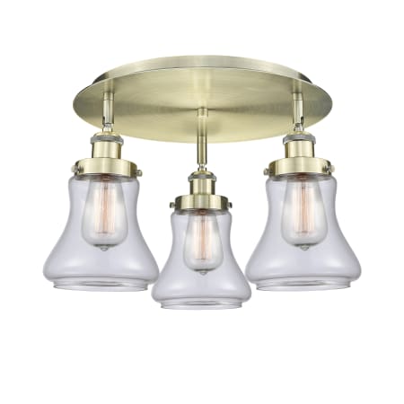 A large image of the Innovations Lighting 916-3C-10-18 Bellmont Flush Antique Brass / Clear