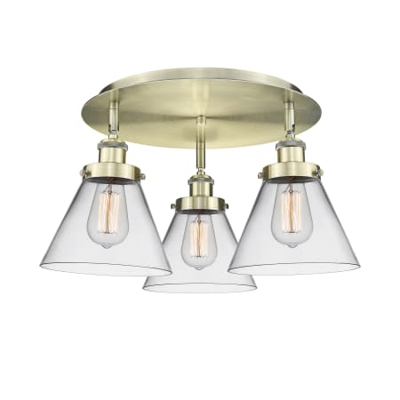 A large image of the Innovations Lighting 916-3C-10-20 Cone Flush Antique Brass / Clear