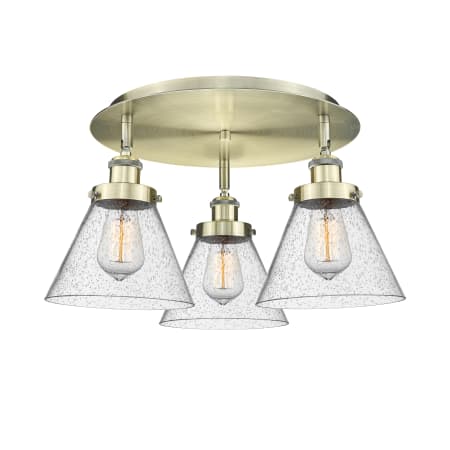 A large image of the Innovations Lighting 916-3C-10-20 Cone Flush Antique Brass / Seedy