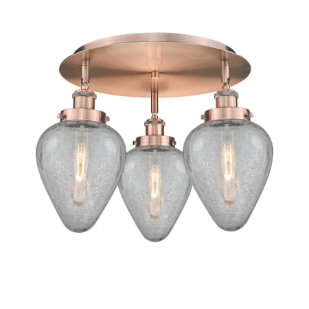A large image of the Innovations Lighting 916-3C-10-18 Geneseo Flush Antique Copper / Clear Crackled